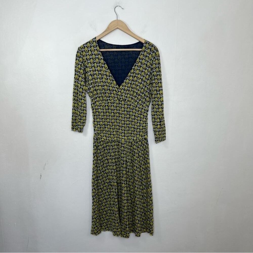 Boden Double Layer Surplice Faux Wrap Olive Avocado V-Neck Dress Size 10 Long